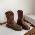 Embroidery Women Western Cowgirl Boots Fashion Slip on Mid Calf Booties Retro Style Low Heels Autumn Winter Shoes