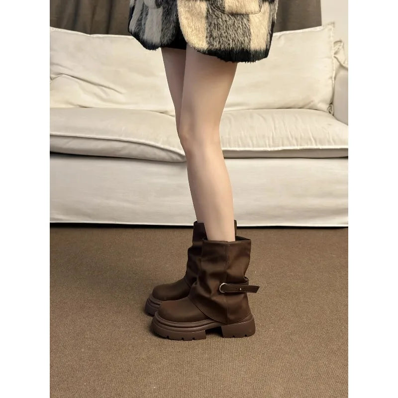 Women's Thick Bottom Boots British Style Autumn Winter Short Boots Brown Mermaid Tube Boot Daily Wear Round Toe Boots 2026 New