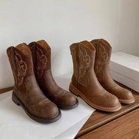 Embroidery Women Western Cowgirl Boots Fashion Slip on Mid Calf Booties Retro Style Low Heels Autumn Winter Shoes