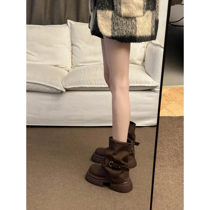 Women's Thick Bottom Boots British Style Autumn Winter Short Boots Brown Mermaid Tube Boot Daily Wear Round Toe Boots 2026 New