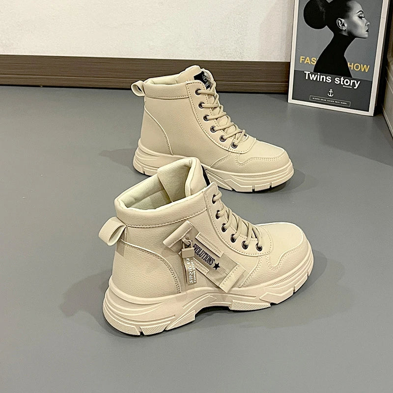 Fashion Booties Autumn New Round Toe Front Lace-up Platform Non-Slip Wear-Resistant Single Shoes