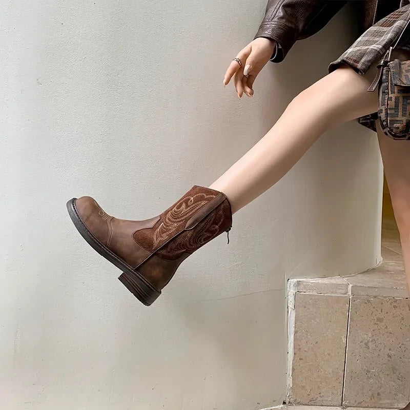 Embroidery Women Western Cowgirl Boots Fashion Slip on Mid Calf Booties Retro Style Low Heels Autumn Winter Shoes