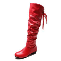 Shoes For Women  Knee High Boots Red Black White Tall Boots Woman Pleated Low Heel Casual Leather Female Long Shoes