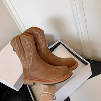 Embroidery Women Western Cowgirl Boots Fashion Slip on Mid Calf Booties Retro Style Low Heels Autumn Winter Shoes