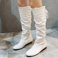 Shoes For Women  Knee High Boots Red Black White Tall Boots Woman Pleated Low Heel Casual Leather Female Long Shoes