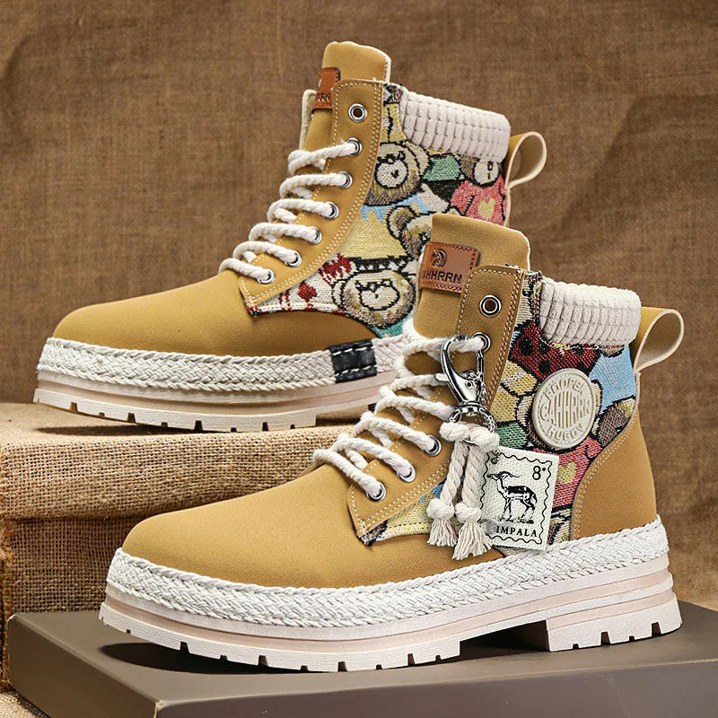Men High Top Boots Fad Trend Outdoor Comfort Ankle Boot for Men Lace-Up Boot Retro British Style Tooling Boots Botas Para Hombre