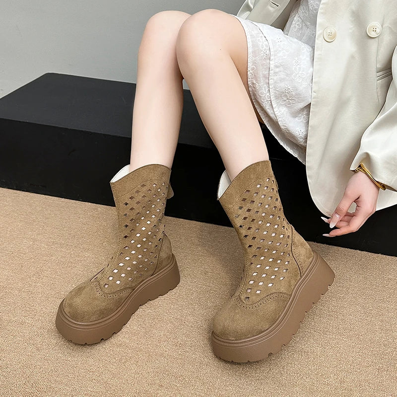 Booties Summer New Round Toe Cutout Breathable Platform Non-slip Cooling Boots