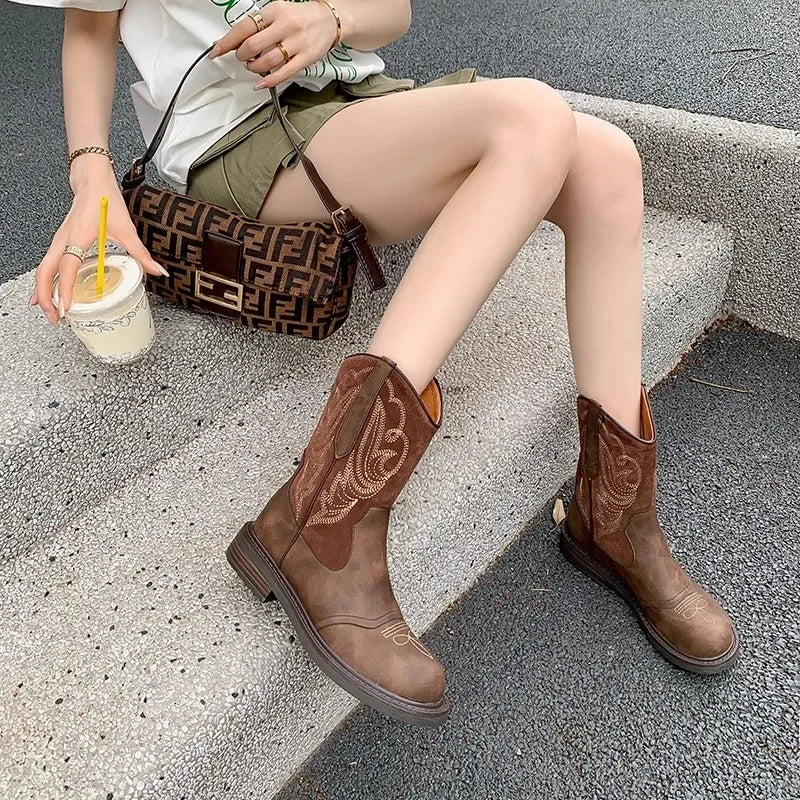 Embroidery Women Western Cowgirl Boots Fashion Slip on Mid Calf Booties Retro Style Low Heels Autumn Winter Shoes