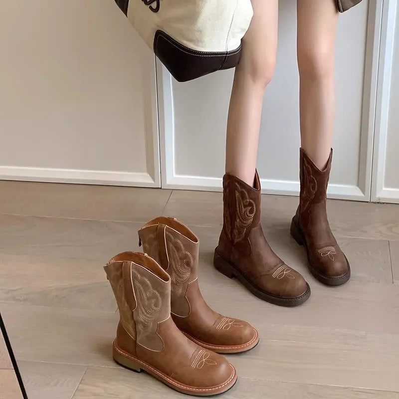 Embroidery Women Western Cowgirl Boots Fashion Slip on Mid Calf Booties Retro Style Low Heels Autumn Winter Shoes