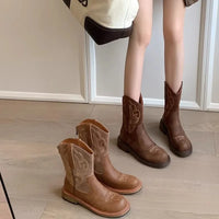 Embroidery Women Western Cowgirl Boots Fashion Slip on Mid Calf Booties Retro Style Low Heels Autumn Winter Shoes