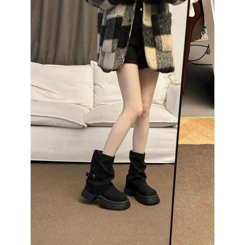 Women's Thick Bottom Boots British Style Autumn Winter Short Boots Brown Mermaid Tube Boot Daily Wear Round Toe Boots 2026 New