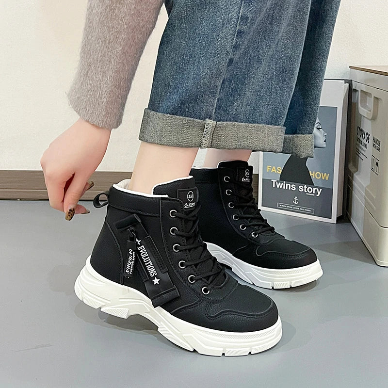 Fashion Booties Autumn New Round Toe Front Lace-up Platform Non-Slip Wear-Resistant Single Shoes