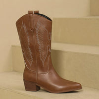 Women's Boots Embroidered Western Cowboy Boots 2025 New Pointed Women Mid-calf Boots Chunky Heel Boot Vintage Slip on Long Boot