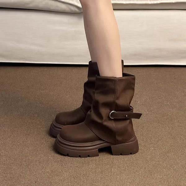 Women's Thick Bottom Boots British Style Autumn Winter Short Boots Brown Mermaid Tube Boot Daily Wear Round Toe Boots 2026 New