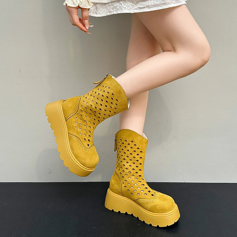 Booties Summer New Round Toe Cutout Breathable Platform Non-slip Cooling Boots