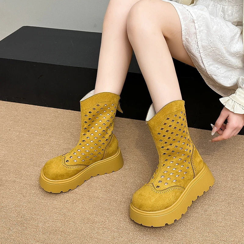 Booties Summer New Round Toe Cutout Breathable Platform Non-slip Cooling Boots