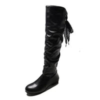 Shoes For Women  Knee High Boots Red Black White Tall Boots Woman Pleated Low Heel Casual Leather Female Long Shoes