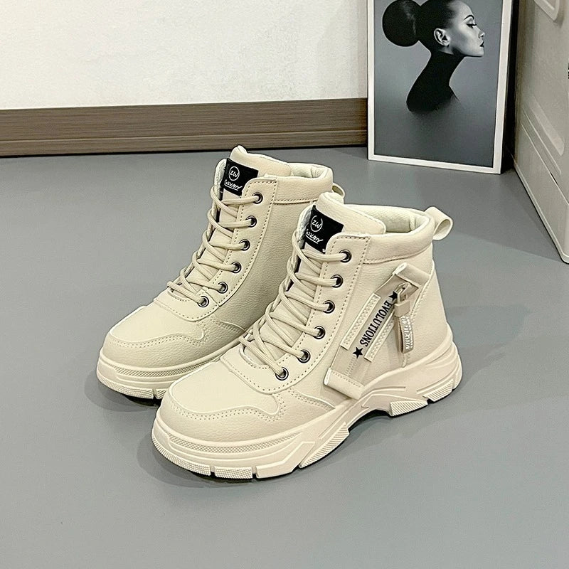 Fashion Booties Autumn New Round Toe Front Lace-up Platform Non-Slip Wear-Resistant Single Shoes