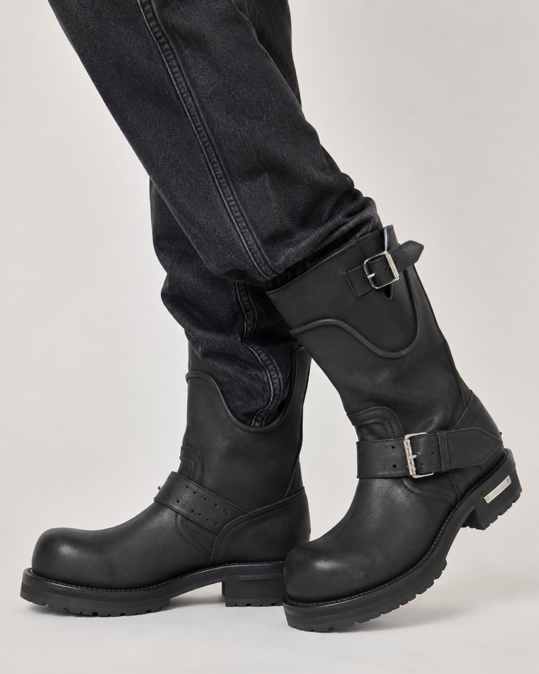 Black Leather Motorcycle Men's Boots Round Toe Chunky Sole Buckle Strap Booties Luxury Designer Trendy Men's Shoes Botas Mujer