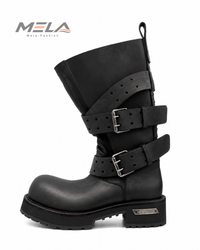 Black Leather Motorcycle Men's Boots Round Toe Chunky Sole Buckle Strap Booties Luxury Designer Trendy Men's Shoes Botas Mujer