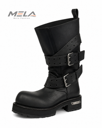 Black Leather Motorcycle Men's Boots Round Toe Chunky Sole Buckle Strap Booties Luxury Designer Trendy Men's Shoes Botas Mujer