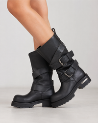 Black Leather Motorcycle Men's Boots Round Toe Chunky Sole Buckle Strap Booties Luxury Designer Trendy Men's Shoes Botas Mujer