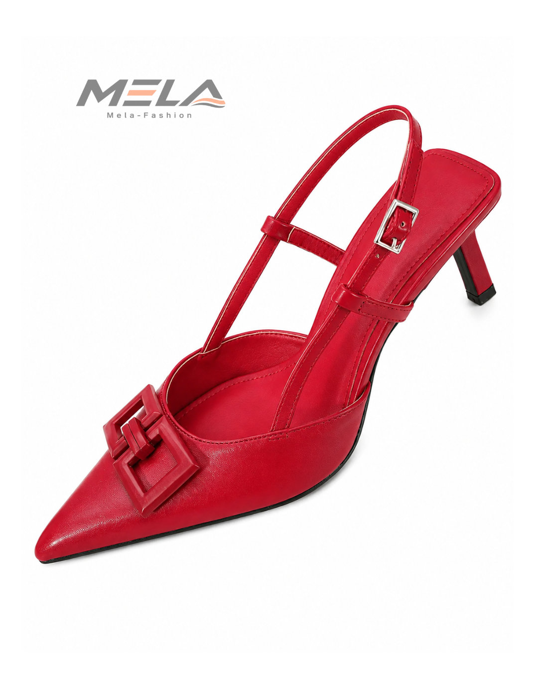 Minimalist Women's Stiletto Heels with Shallow Pointed Toe and Square Buckle - Red
